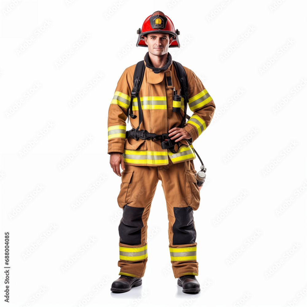 Firefighter isolated on white background. The full body of a smiling caucasian man in a fireproof uniform. Firefighter isolated on white background. The full body of a smiling caucasian man in a fireproof uniform.