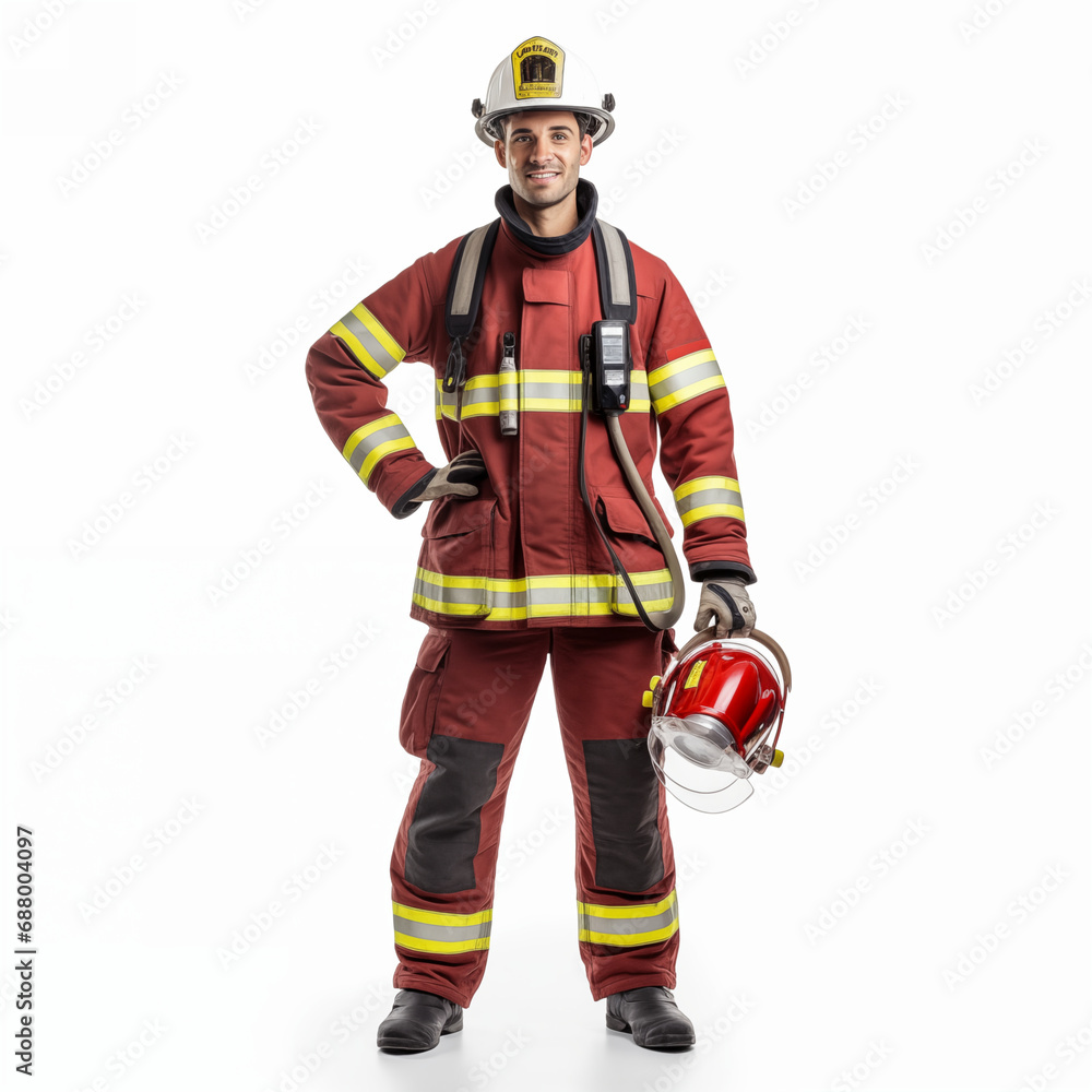 Firefighter isolated on white background. The full body of a smiling caucasian man in a fireproof uniform. Firefighter isolated on white background. The full body of a smiling caucasian man in a fireproof uniform.