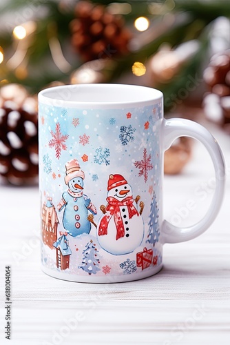 Mug with Snowmen image on it over festive Christmas background. Generative Ai