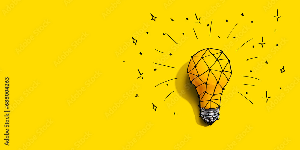 Idea light bulb with hand drawing sketch - Flat lay - obrazy, fototapety, plakaty 
