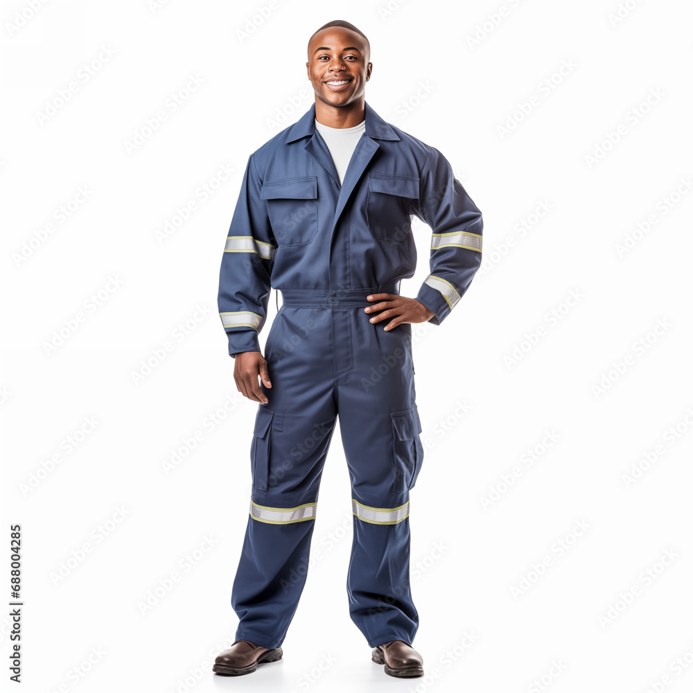 Firefighter isolated on white background. The full body of a smiling African American man in a fireproof uniform. Firefighter isolated on white background. The full body of a smiling African American man in a fireproof uniform.