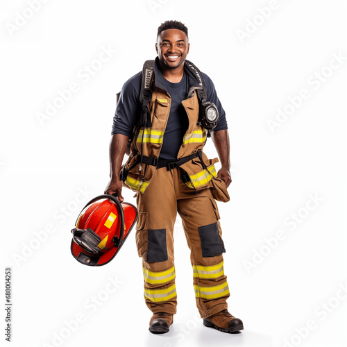 Firefighter isolated on white background. The full body of a smiling African American man in a fireproof uniform.