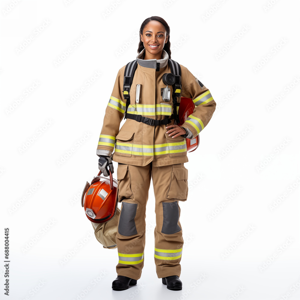 Firefighter isolated on white background. The full body of a smiling African American woman in a fireproof uniform. Firefighter isolated on white background. The full body of a smiling African American woman in a fireproof uniform.