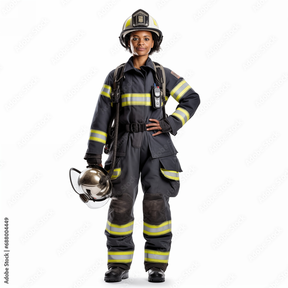 Firefighter isolated on white background. The full body of a smiling African American woman in a fireproof uniform. Firefighter isolated on white background. The full body of a smiling African American woman in a fireproof uniform.