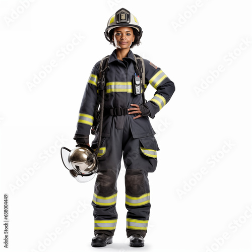 Firefighter isolated on white background. The full body of a smiling African American woman in a fireproof uniform. © bravissimos