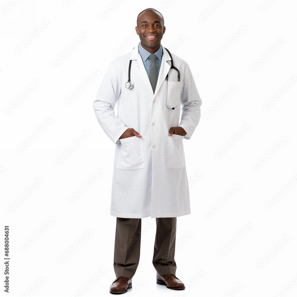 Portrait of male african american doctor full length looking at camera isolated on white Portrait of male african american doctor full length looking at camera isolated on white