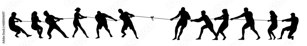 Man and woman pulling a rope in tug of war silhouette, concept of compete, teamwork, Teams Playing Tug Of War - obrazy, fototapety, plakaty 