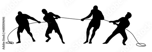 Man team pulling a rope in tug of war silhouette, concept of compete, teamwork, Teams Playing Tug Of War