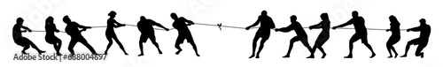 Man and woman pulling a rope in tug of war silhouette, concept of compete, teamwork, Teams Playing Tug Of War