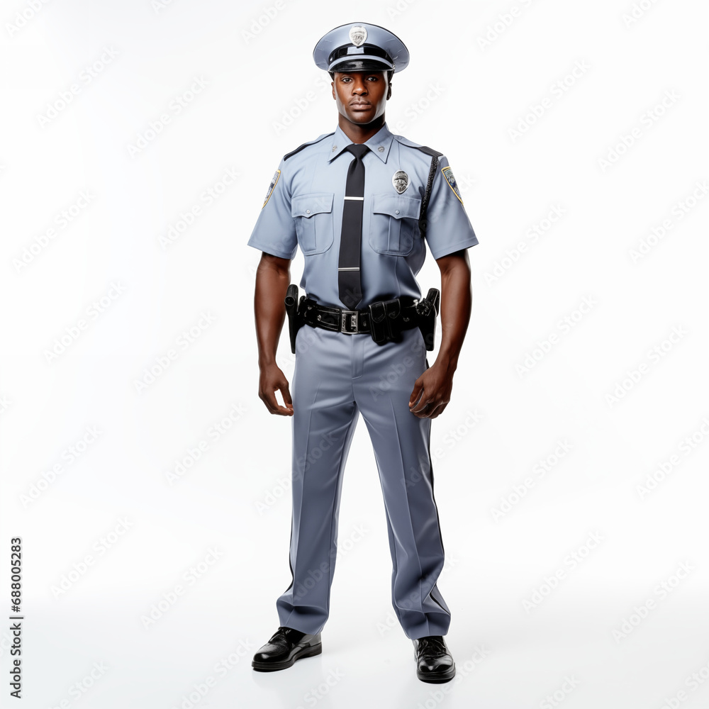 Full length Cop man in security guard posing isolated on white. Full length Cop man in security guard posing isolated on white.