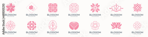 Floral blossom logo and icon set. Abstract beauty flower logo design collection. Pink flowers on white background