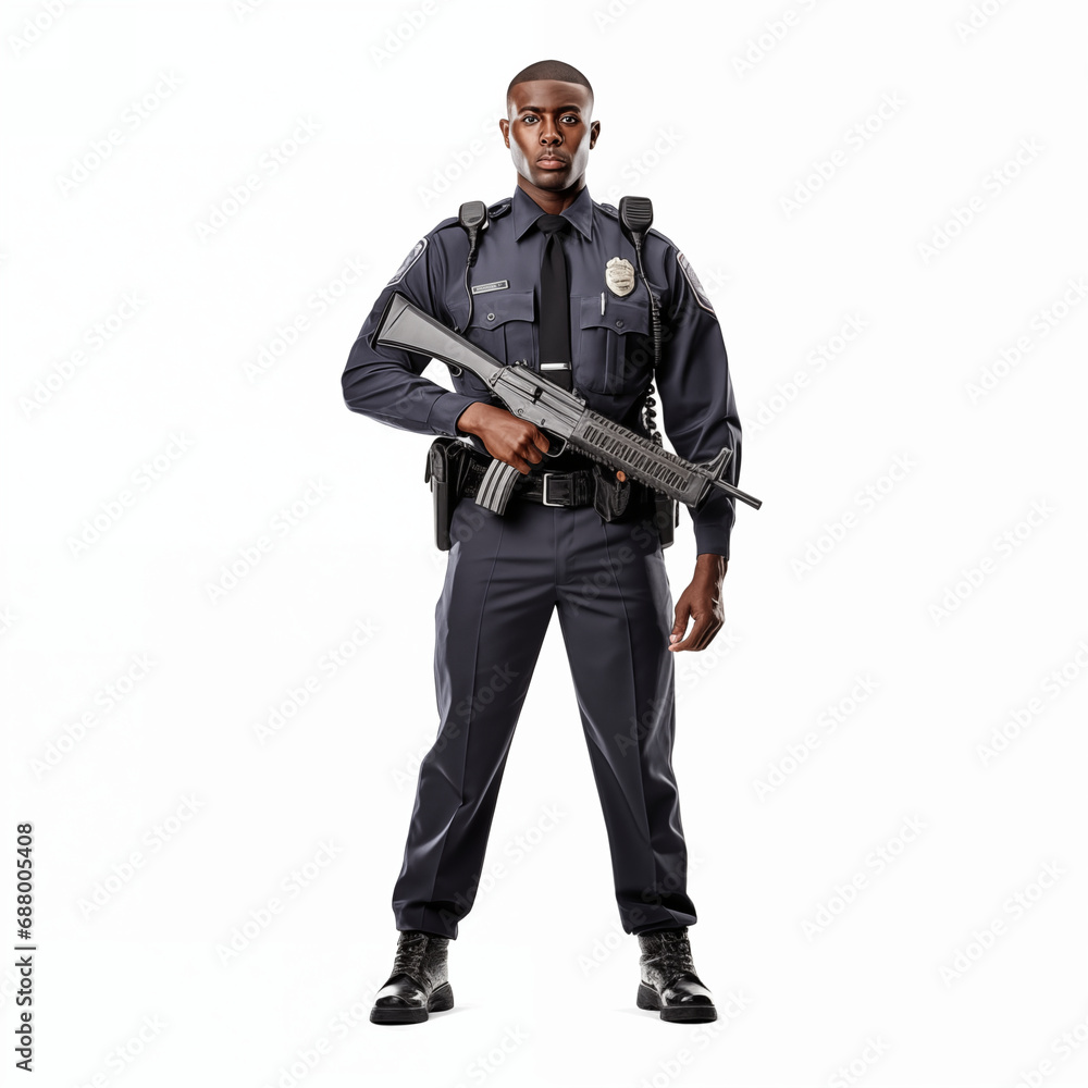 Full length Cop man in security guard posing isolated on white. Full length Cop man in security guard posing isolated on white.