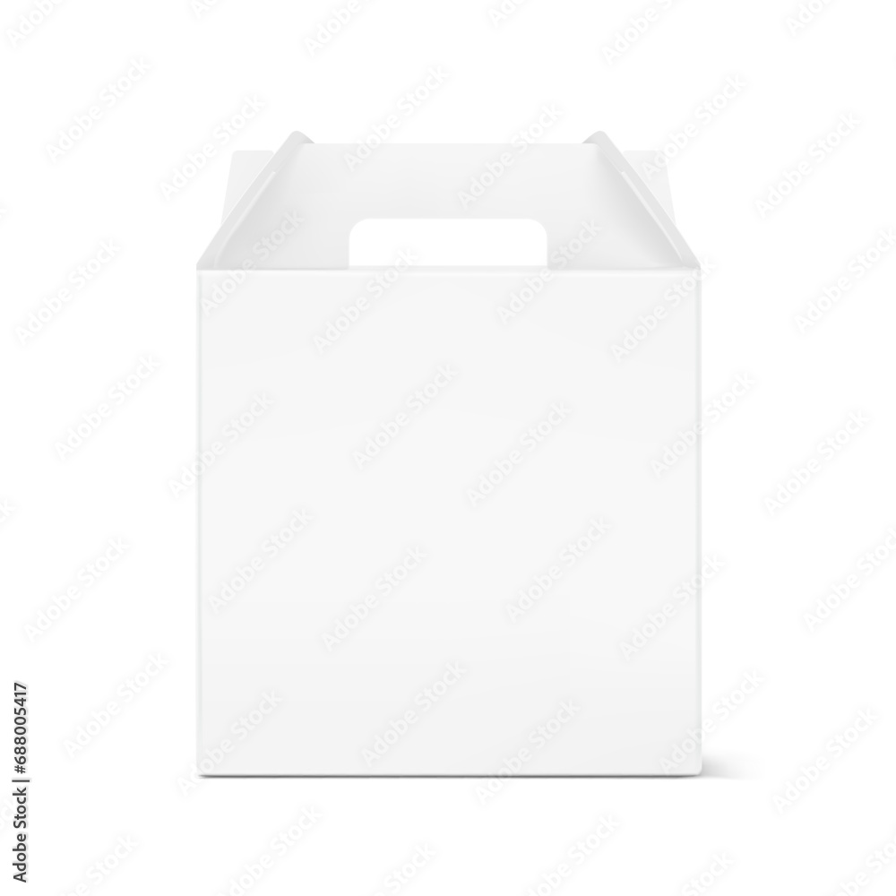Carry craft box with handle for transport and sell your quality product mockup. Vector illustration isolated on white background. Easy to use for presentation your product, idea, promo, design. EPS10. - obrazy, fototapety, plakaty 
