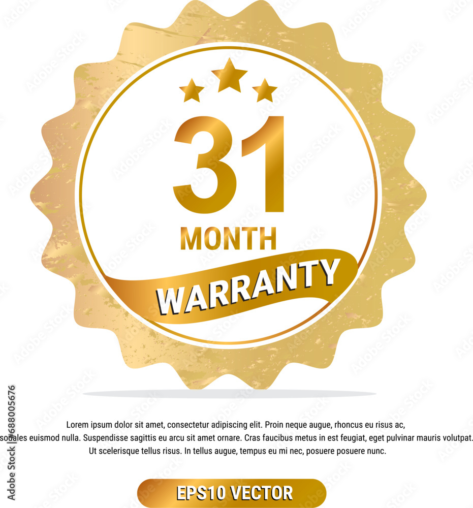 31 month warranty vector art illustration in gold color with fantastic font and white background. Eps10 Vector