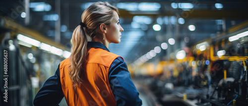 Female engineer worker in automotive factory, with blurred car manufacturing process, assembly line production, woman technician at conveyor, auto industry technology in the background © Uwe