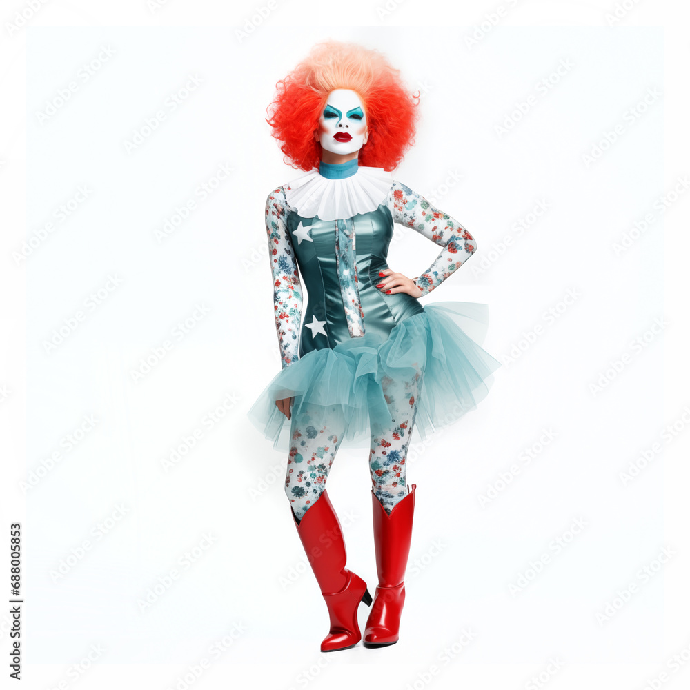 Full length portrait of a clown standing isolated on white background