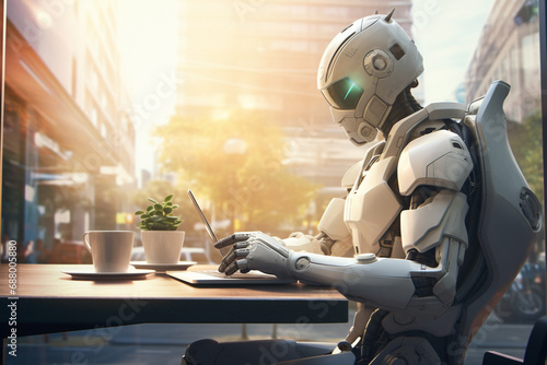 Futuristic robot seamlessly works remotely from a coffee shop, showcasing the harmony of tech and lifestyle. Ai generated