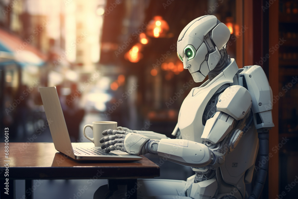 Futuristic robot seamlessly works remotely from a coffee shop, showcasing the harmony of tech and lifestyle. Ai generated Futuristic robot seamlessly works remotely from a coffee shop, showcasing the harmony of tech and lifestyle. Ai generated
