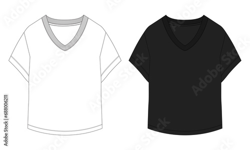 V neck t shirt tops technical drawing Fashion flat sketch vector illustration white and black color template for ladies