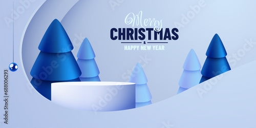 Winter Christmas red background with round podium and Christmas decorations.