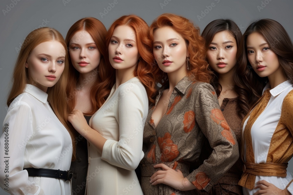 Obraz premium A diverse group of beautiful attractive multi-ethnic women of different races, fashion models with natural beauty and smooth skin looking at the camera on a gray background.