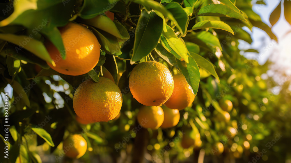 Fresh oranges on a tree, Freshly grown oranges on a farm, AI generated
