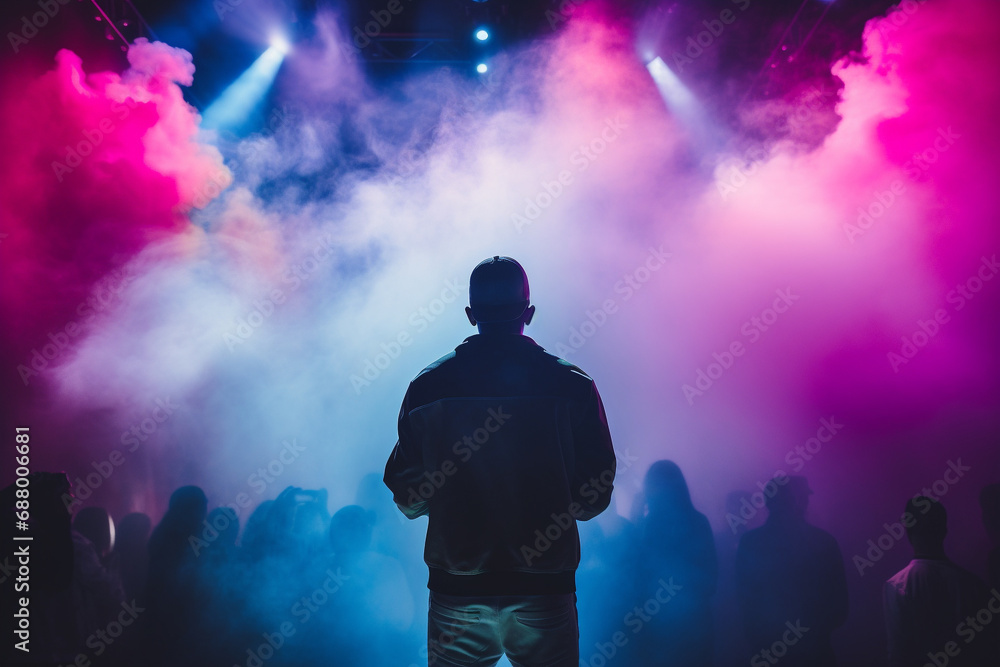 Artist rapper at a music concert on stage singing seen from the back with pink and blue smoke. A Dynamic Illustration of a Rapper at a Live Concert. Ai generated - obrazy, fototapety, plakaty 