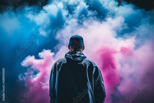 Artist rapper at a music concert on stage singing seen from the back with pink and blue smoke. A Dynamic Illustration of a Rapper at a Live Concert. Ai generated