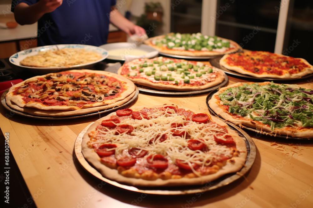  A DIY pizza-making night where friends come together for interactive fun, each personalizing their pizzas with favorite toppings, amidst shared laughter and a casual gathering.
