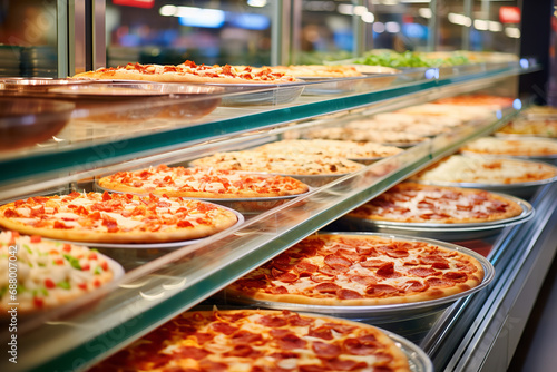  The pizza aisle in a supermarket, displaying a variety of brands and flavors, offering convenient meal options and quick dinner solutions for shoppers. 