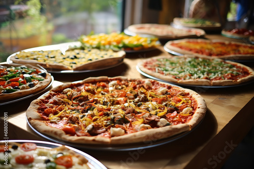  A family reunion featuring a pizza buffet with a wide selection of toppings, facilitating communal dining and joyful feasting, with everyone enjoying their family favorite pizzas. 