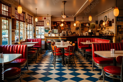  A vintage-style pizza parlor adorned with checkerboard floors, offering a retro ambiance with classic pizza recipes and throwback music, creating a nostalgic dining experience.
 photo