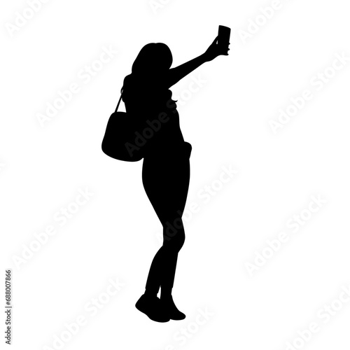 Woman taking selfie through mobile phone, woman selfie, woman take picture with phone silhouette