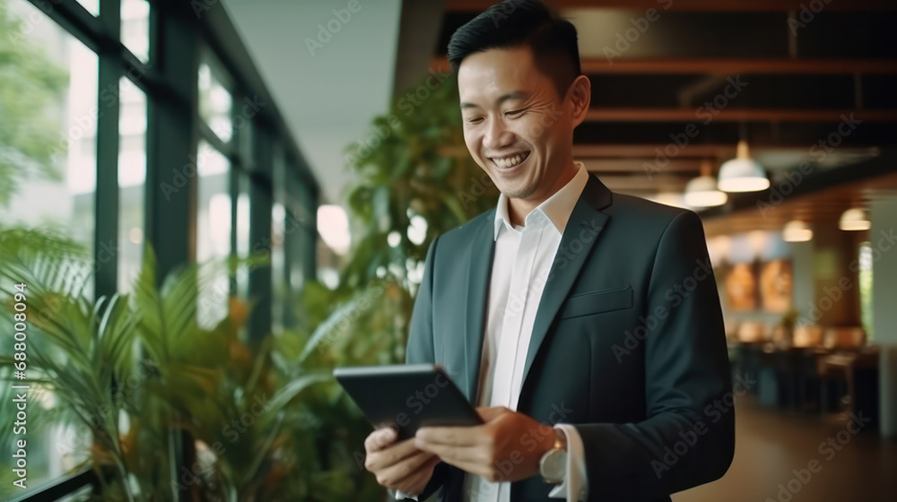 CEO Middle-Aged Businessman Smiles, Engaged with Tablet - Visionary Leadership in Action. CEO Middle-Aged Businessman Smiles, Engaged with Tablet - Visionary Leadership in Action.