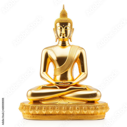Gold Buddha Statue Illuminated Against white Background - Spiritual Tranquility and Peace