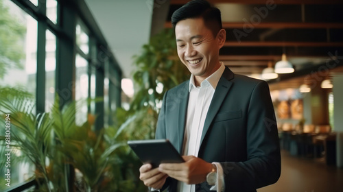 CEO Middle-Aged Businessman Smiles, Engaged with Tablet - Visionary Leadership in Action.