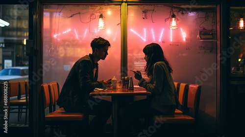 Street photography of a couple at the cafe on a hazy rainy night  neon city light. Generative AI