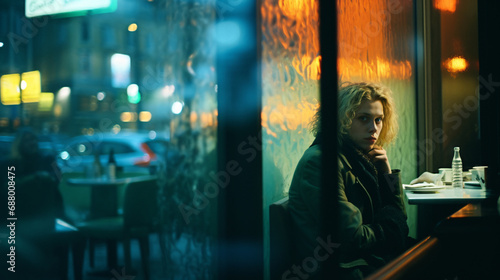 A woman sitting at the cafe on a rainy night, neon-lit urban style, city night street. Generative AI.