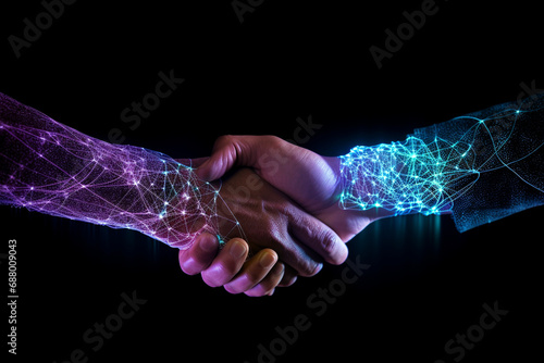 Intricate Handshake of Glowing Teck Lines and Dots, Symbolizing Connectivity and Innovation on a Cosmic Dark Background. Ai generated