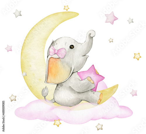 Cute baby elephant, pink star, moon, pink clouds. Watercolor cartoon-style clipart on an isolated background.