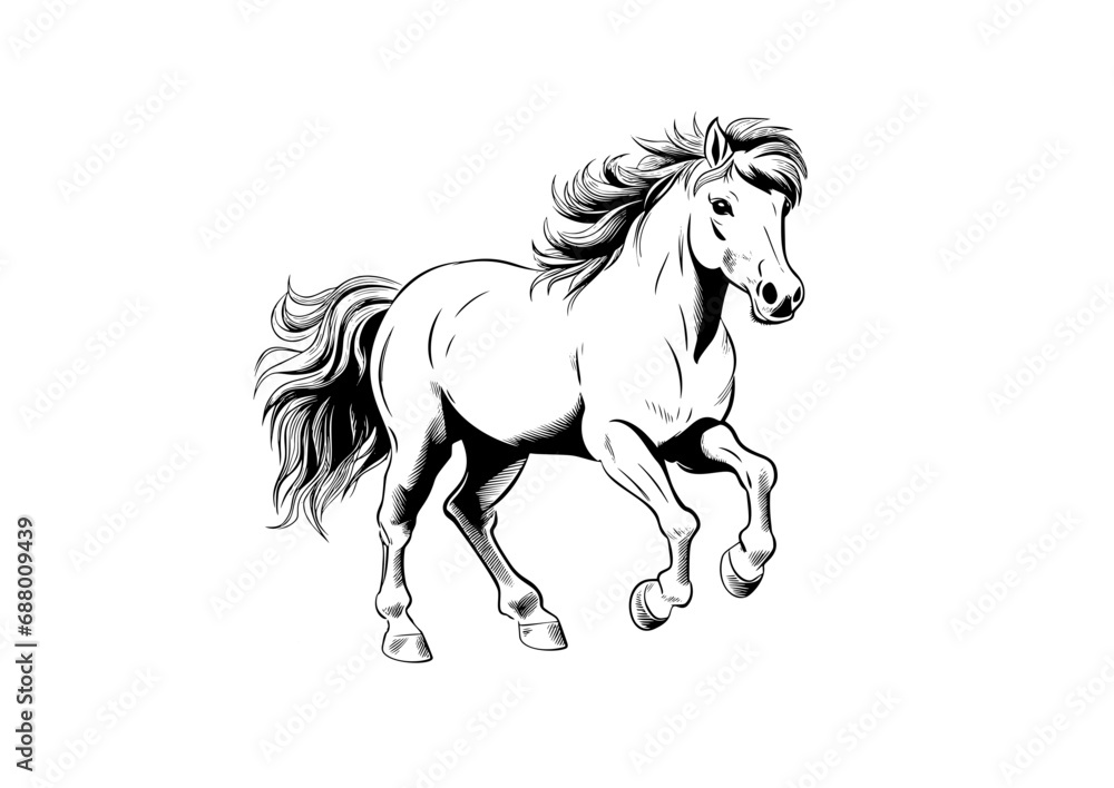 Pony standing, Basic simple Minimalist vector graphic, isolated on white background, black and white
