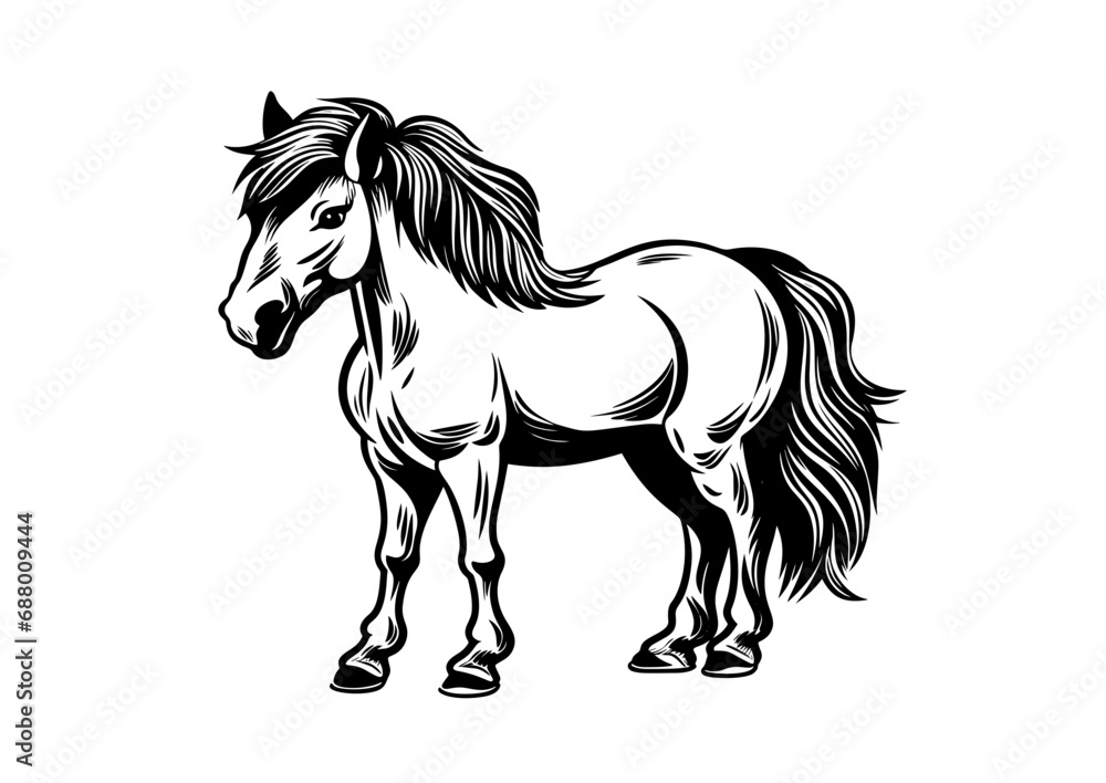 Obraz premium Pony standing, Basic simple Minimalist vector graphic, isolated on white background, black and white 