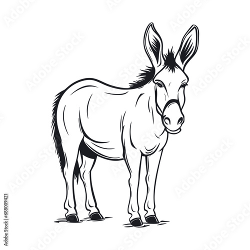 Donkey standing, Basic simple Minimalist vector graphic, isolated on white background, black and white
