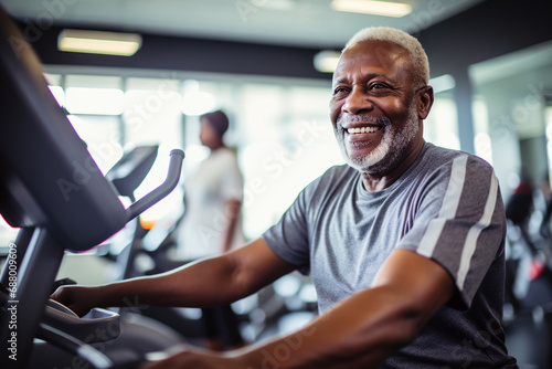 Senior fitness, African American man doing sports, gym exercise, healthy lifestyle for the elderly photo
