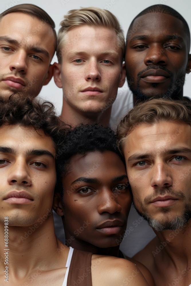 A diverse multi ethnic group of beautiful men of different races, blonde, brunette, red-haired fashion models with natural beauty looking at the camera on a white background. A diverse multi ethnic group of beautiful men of different races, blonde, brunette, red-haired fashion models with natural beauty looking at the camera on a white background.