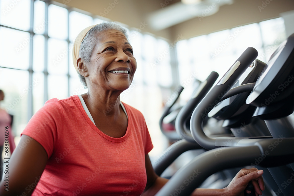 Mature fitness routine, elderly African American woman at the gym, health exercise, active senior