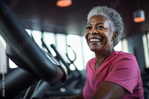 Gym workout for the elderly, active senior African American woman, fitness and health, mature exercise photo