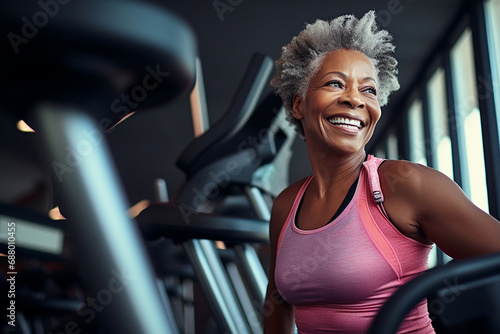 Fitness training for mature, senior African American woman in the gym, active aging routine