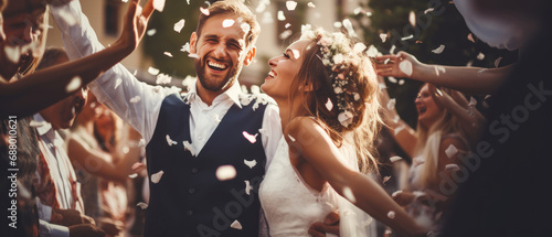 Fényképezés Joyous wedding scene with bride and groom, confetti rain.