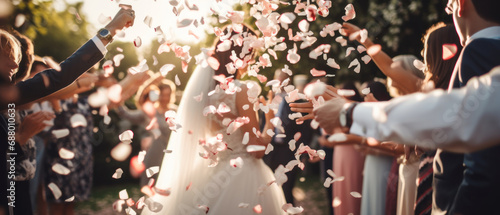 Foto Joyous wedding scene with bride and groom, confetti rain.